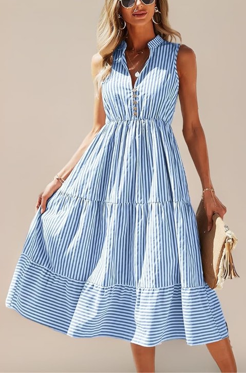 BROVAVE Womens 2025 Summer Sleeveless Shirt Dress Collar Striped V Neck Casual Midi Dresses (medium, blue)