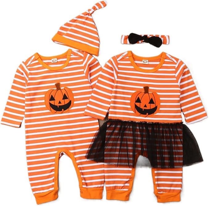 Bowanadacles Halloween Baby Girl Boy Outfit Clothes Newborn Infant Pumpkin Romper Stripe Jumpsuit Pl