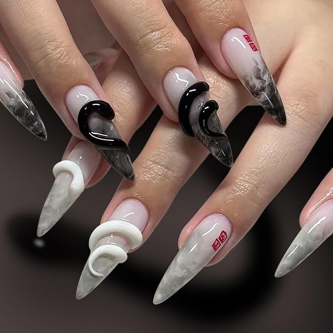 Halloween Witch Press on Nails - Long Stiletto Fake Nails,3D Snake Designs False Nails,White Black N