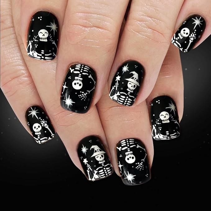 Halloween Press on Nails Short Square MABKJLF Cute Fake Nails False Nails with Skeleton Stars Designs Black & White Glossy Glue on Nails Stick on Nail for Women Girls 24Pcs