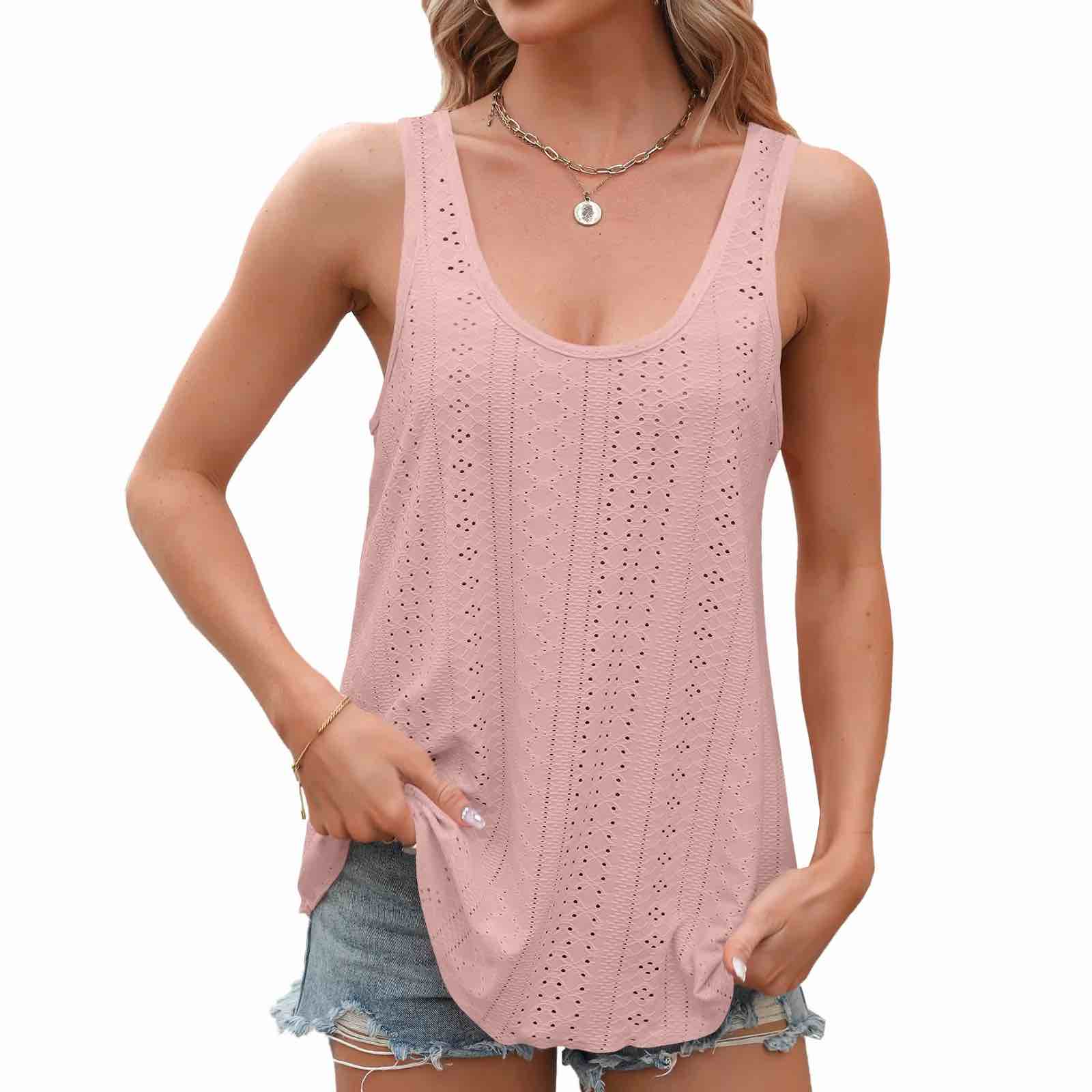 LSLTDM Womens Tank Tops Eyelet Embroidery Scoop Neck Sleeveless Shirts for Casual Loose Fit Basic Summer Tops Pink
