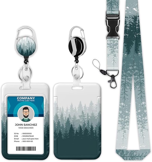 PUIBUN Misty Forest Lanyard with ID Holder, Green Ink Painting Badge Reel Retractable Badge Holder w