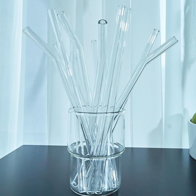 12 Pcs Bent Glass Straws Reusable Glass Straw Clear, Sets of 12 Bent Straws & 2 Cleaning Brushes, 8 Inch x 0.3" Thick Drinking Straw for Tumblers Gift Wrap Dishwasher Safe