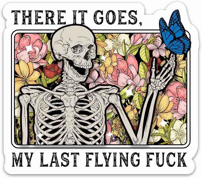 3PCs) There It Goes My Last Flying F*ck Sticker, Funny Meme Sarcastic Skeleton Sticker, Halloween Skull Butterfly Waterproof Vinyl Stickers for Laptop Phone Water Bottle (3 Inches)