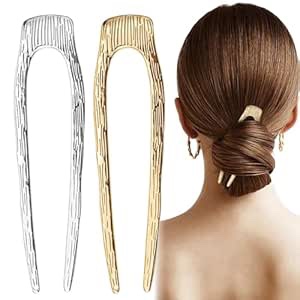 4PCS French Hair Pin, Vintage U Shaped Hair Pins, Metal U Pins for Hair Bun, Gold Hair Fork Sticks 2 Prong Updo Chignon Pins for Women Lady Buns Hair Accessories