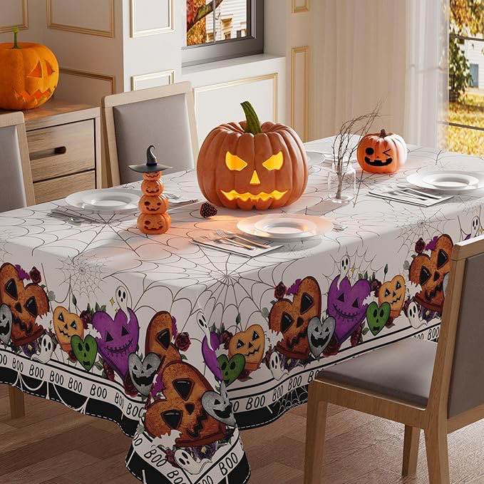 XCHI Boo Spooky Love Heart Spider Web Halloween Tablecloth Rectangle Washable Table Covers for Indoor 52x70