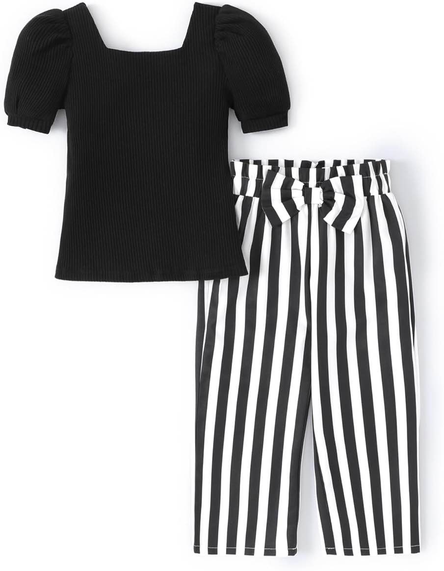 (Kids 4-5 Years) PATPAT Girls Clothing Sets Square Neck Ribbed Knit Short Sleeve Tops and High-Waisted Stripes Wide-Leg Pants Outfits