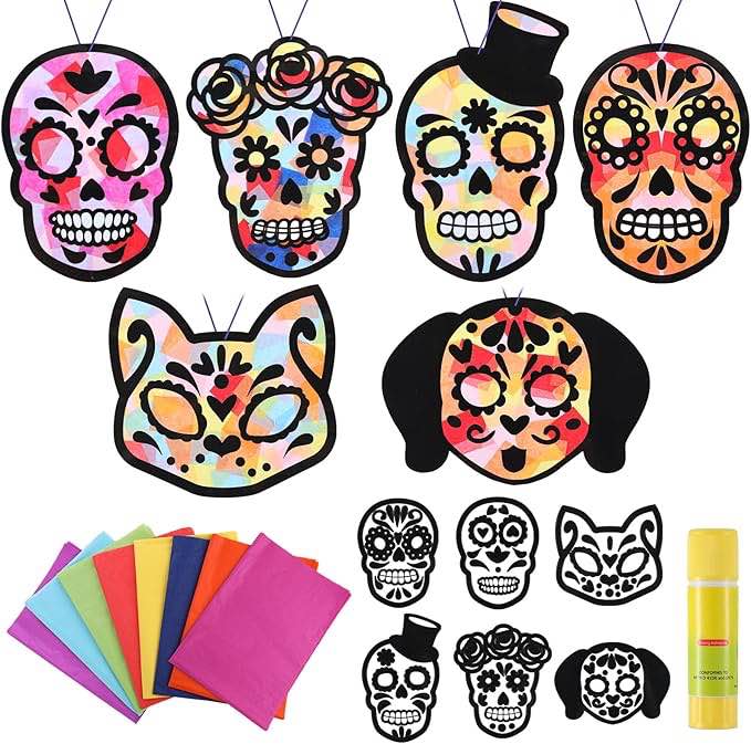 Lunmon 24 Sets Day of The Dead Craft Sugar Skull Tissue Paper Sign Craft Kit for Kids Tissue Paper S