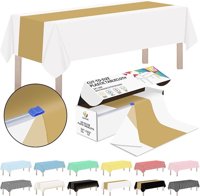 cxpsinc plastic table cover roll with slide cutter, disposable tablecloth roll for picnic, party, ba
