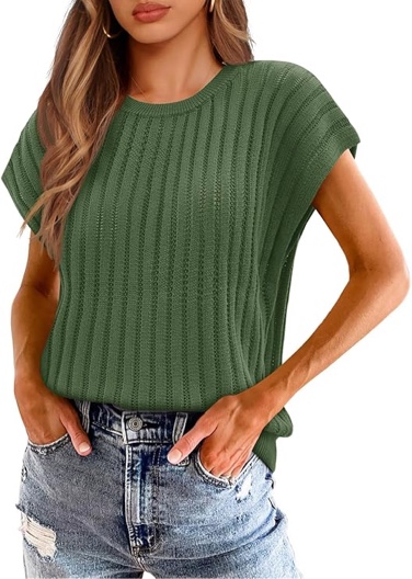 Saodimallsu Womens Summer Crochet Sweater Vest Cap Sleeve Knit Tops Casual Crewneck Sleeveless Sweat