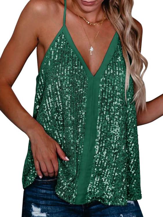 (XX-Large) miduo Womens Tank Tops Spring Plus Size Sequin Blouse Color Block V Neck Straps Halter Sequin Sparkle Shimmer Camisole Sleeveless Tanks Tops Green XXL