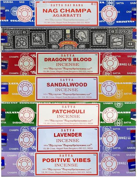 Satya Incense Gift Set Nag Champa, Super hit, Dragon's Blood, Sandalwood, Patchouli, Lavender, Positive Vibes, 15 g