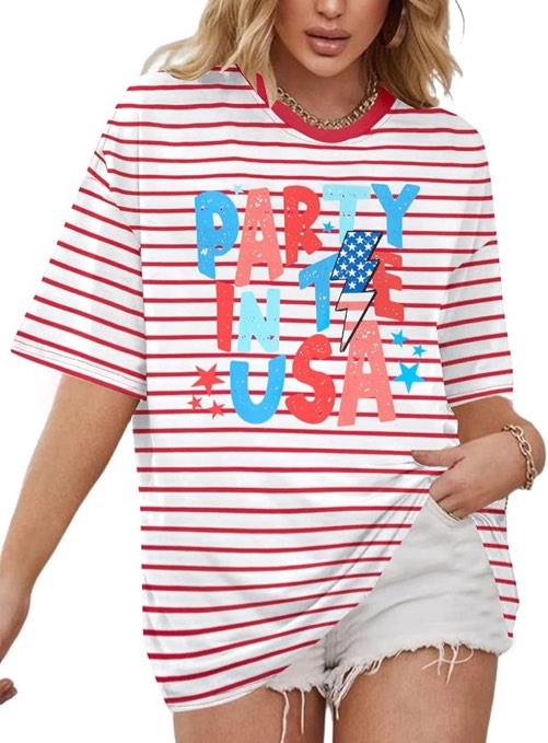 Women 4th of July Oversized American Flag Tshirt Stripes Shirt Party in The USA Shirts Short Sleeve Tee Top