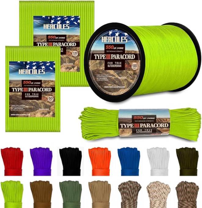 HERCULES Type III Paracord 550 Paracord Rope Parachute Cord, 100' Neon Green for Camping Cord, Survival Rope