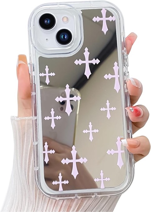 LSL Compatible with iPhone 15 Pro Case, Glossy Mirror Back Pink Cross Pattern Case for Girls Women Cute Girly Trendy Slim Protective Cover