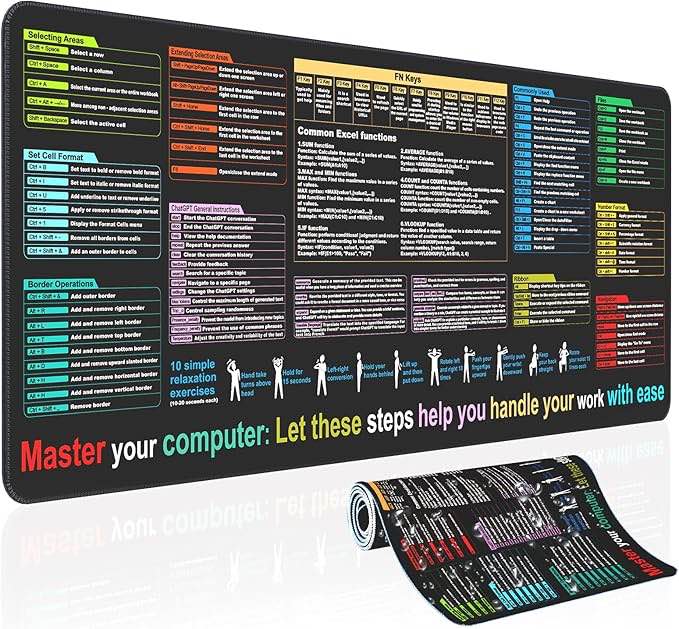 Excel Cheat Sheet Desk Pad — Waterproof Desk Mat — Computer Mat with Excel Shortcuts