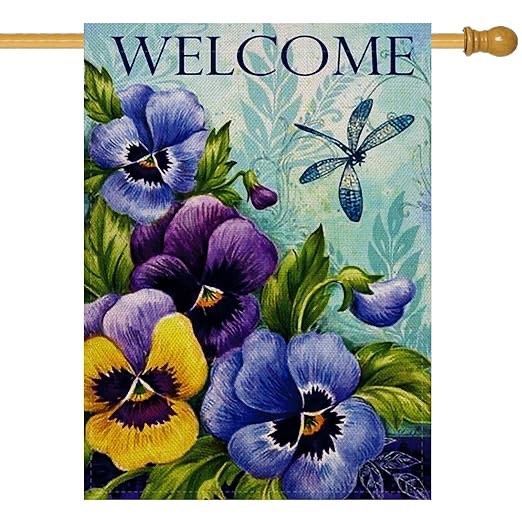 Furiaz Decorative Vintage Flower Welcome Spring Large House Flag Double Sided, Home Floral Burlap Pansies Dragonfly Outside Garden Yard Decoration, Summer Seasonal Outdoor Décor Flag 28 x 40