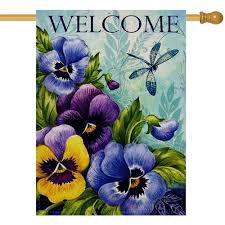 Furiaz Decorative Vintage Flower Welcome Spring Large House Flag Double Sided, Home Floral Burlap Pansies Dragonfly Outside Garden Yard Decoration, Summer Seasonal Outdoor Décor Flag 28 x 40