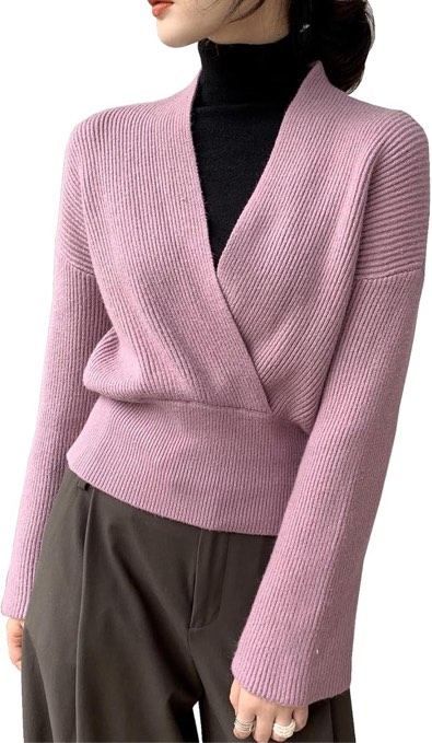 Ckikiou Spring Fall Cute V Neck Wrap Sweater for Women Casual Flare Long Sleeve Criss Cross Soft Knitted Pullover Top