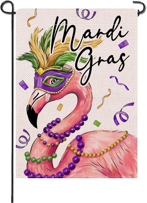 Artofy Mardi Gras Flamingo Large Decorative House Flag, Mask Feather Beads New Orleans Carnival Yard Garden Outside Decor, Masquerade Holiday Outdoor Home Decoration Double Sided 28 x 40