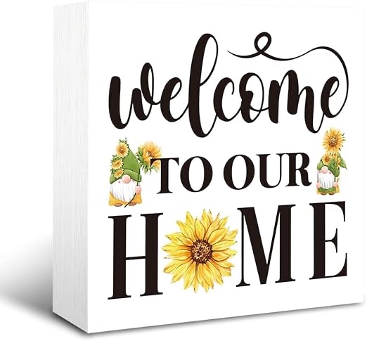 Sunflower Gnomes Welcome Wood Box Sign, Summer Sunflower Wood Block Plaque Box Sign for Home Farmhouse Bedroom Living Room Desk Table Decor, 7x7 Inches
