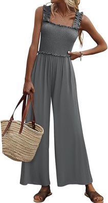 (X-Large) Women's Smocked Jumpsuits Casual Loose Sleeveless Wide Leg Long Pant Rompers Dressy One Piece Beach Vacation Outfits Grey