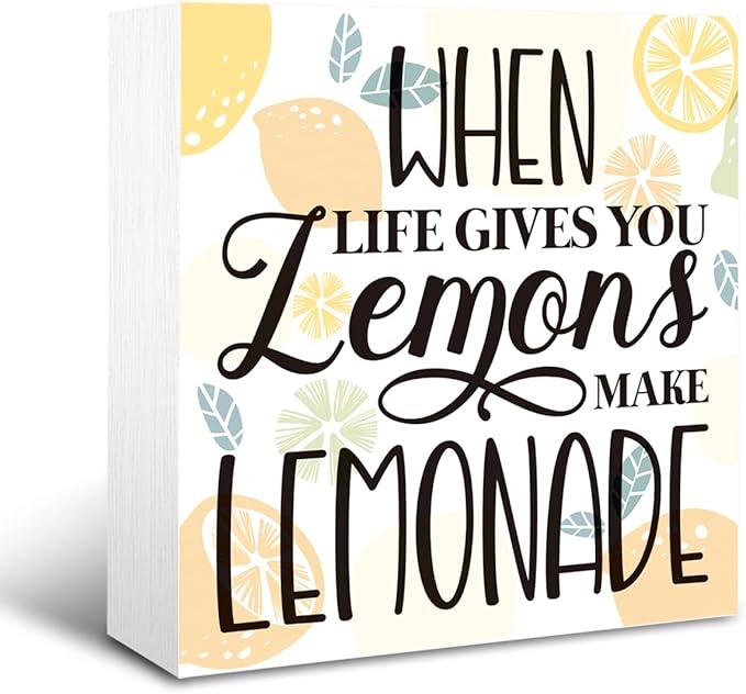 When Life Gives You Lemons Wood Box Sign Decor, Summer Wood Block Tiered Tray Box Sign for Farmhouse Home Bedroom Shelf Table Decor, 5 x 5 Inches