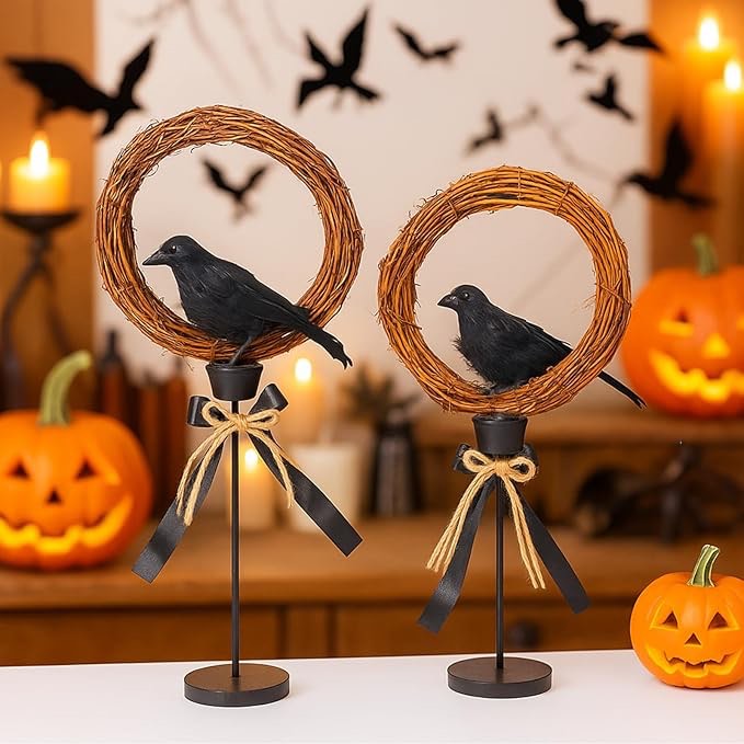 Amyhill 2 Pcs Halloween Crows Table Decors Wooden Halloween Centerpieces Realistic Feather Crows Gra