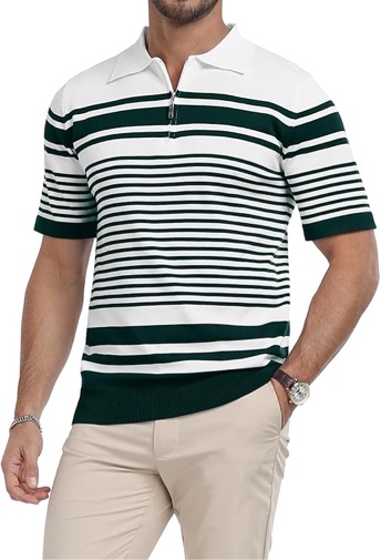 (Size L) KUYIGO Men's Knit Polo Shirts Short Sleeve Zipper Striped Collared Shirt Slim Fit Casual Contrast Fa