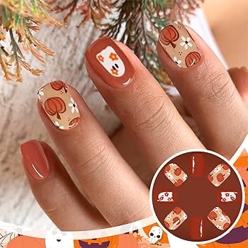 Halloween Pumpkin Press on Nails Flower Designs Short Square Fake Nails Full Cover Halloween False N