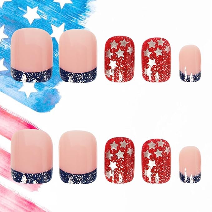 Blue French Tips Press on Nails Short Square Independence Day Fake Nails American Flag False Nails 4th of July Star Sequin Glitter Acrylic Nails Patriotic Full Cover for Women 24Pcs