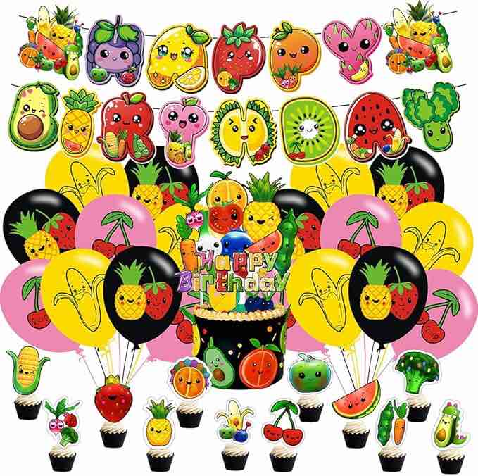 Fruit Birthday Decorations, Fruit Party Supplies Include Happy Birthday Banner, Cake Topper and Cupcake Toppers, Balloons for Kids Party Decor