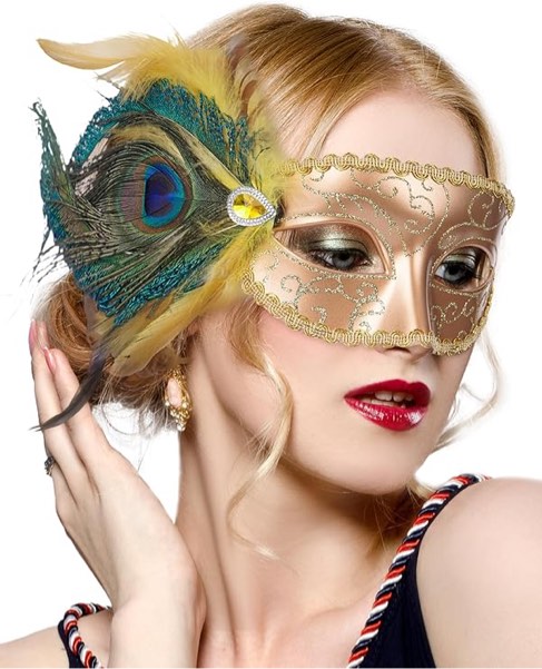 Zinniday Venetian Masquerade Masks for Women - 2025 Halloween Peacock Feather Gold Mask for Woman Me