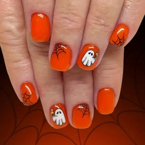 Halloween Press on Nails Square Fake Nails with Cartoon Little Ghost & Pumpkin False Nails Designs O