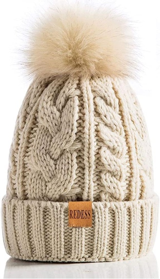 REDESS Womens Winter Knitted Beanie Hat Warm Fleece Lined with Pompom Cap Thick Slouchy Snow Knit Sk