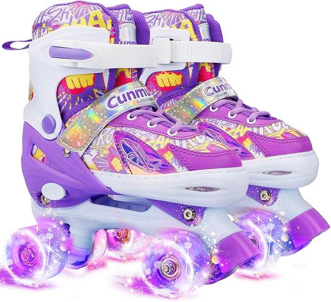 Cunmucu Kids Roller Skates Girls, 4 Sizes Adjustable Toddler Roller Girls Skates Outdoor Indoor for