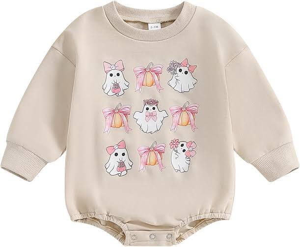 Ysfanwuxi Newborn Baby Girl Halloween Outfit Pink Bow Ghost Pumpkin Bubble Romper Sweatshirt Onesie 