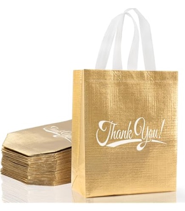 Sweetude 24 Pcs Bulk Thank You Gift Bags with Handles Reusable Nonwoven Gold Wedding Return Foldable