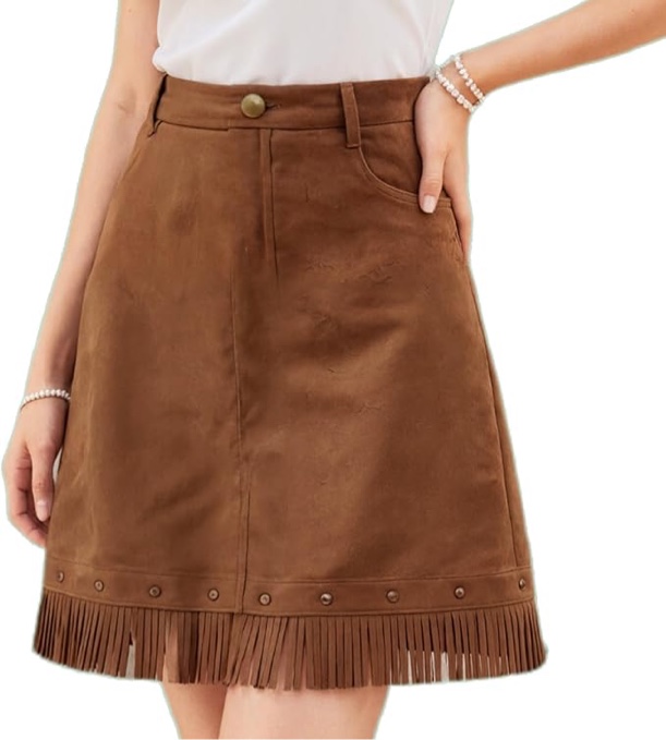Mluiov Women's Cowgirl Fringe Skirt Western Country Concert Outfits Faux Suede High Waist A Line Fall Mini Skirt, Large