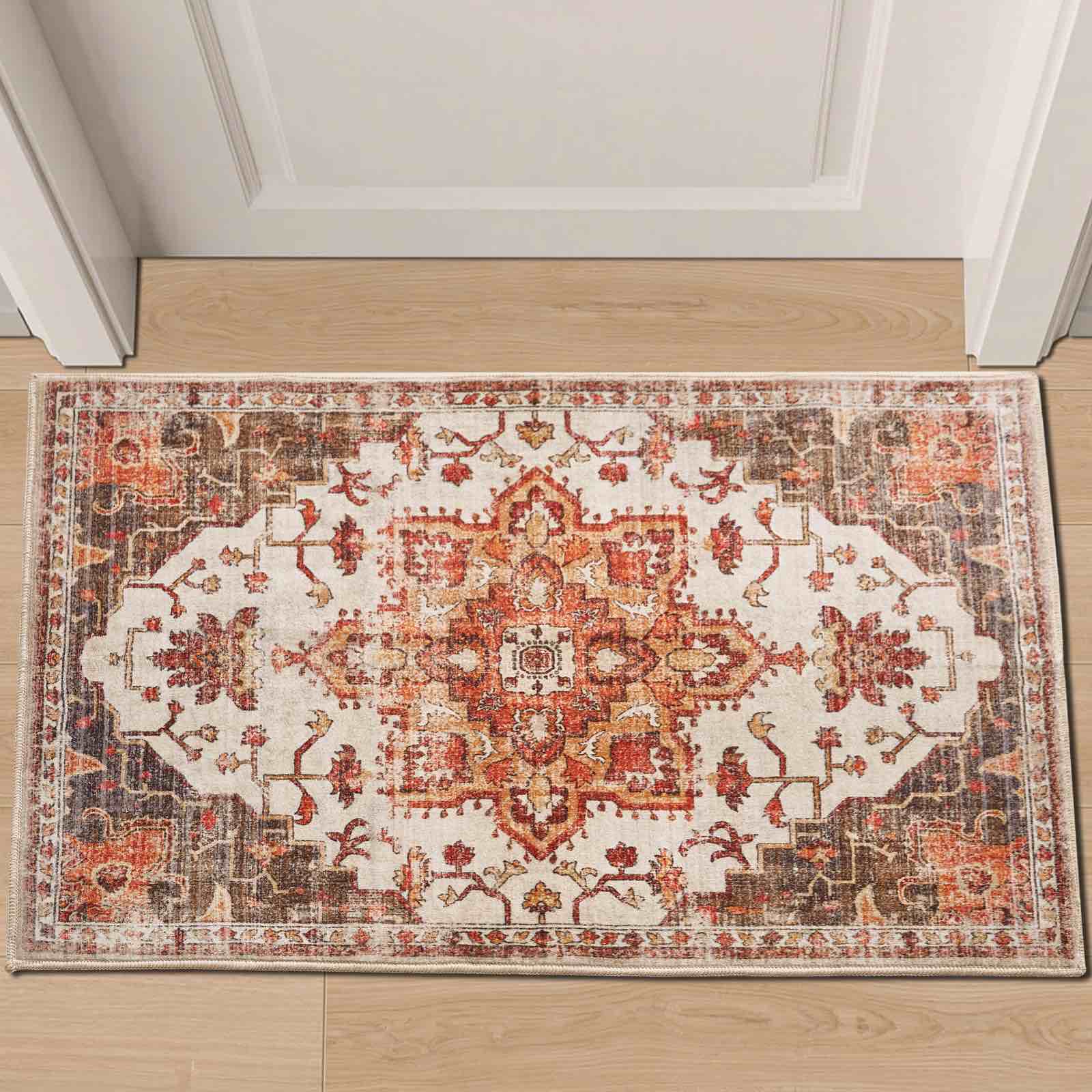 Puremy 2x3 Entryway Rug Washable Door Mat Vintage Boho Entrance Area Rug, Non Slip Low Pile Floral Print Area Rugs for Porch Bedroom Living Room Home Decor, Bric