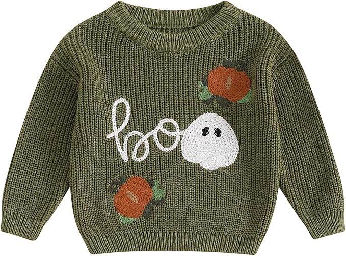 Baby Halloween Sweater Pumpkin Print Long Sleeve Crewneck Embroidery Knit Sweatshirt Toddler Fall Winter Pullover