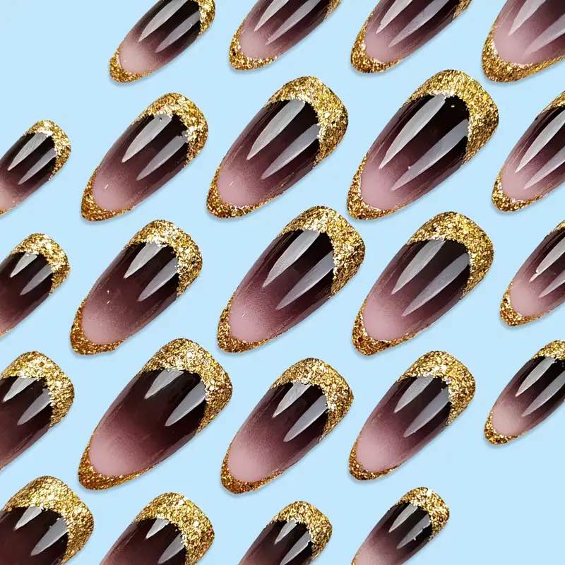 French Tip Press on Nails Medium Fake Nail Almond White Gradient Glue on Nails Press ons Gold Glitte