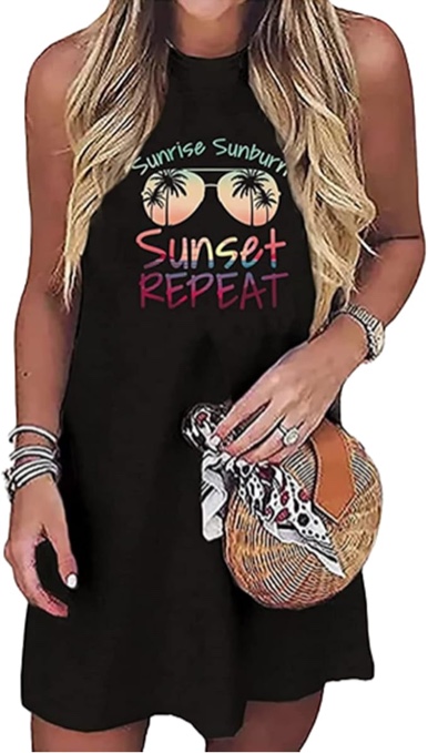 Sun Salt Sand Coconut Tree Sleeveless Mini Dress Women Casual Summer Beach Vacation Dress Workout Tank Dress - medium