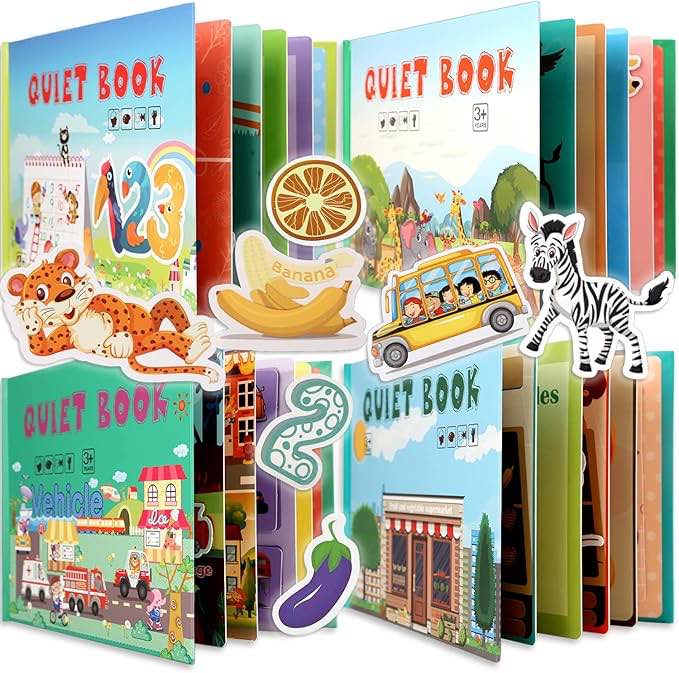 4 Subjects Montessori Quiet Book Busy Board for Toddlers, Toddler Travel Toys, Sensory Toddler Activities, Montessori Educational Toys for 2 3 4 Year Old Boys Girls Gift