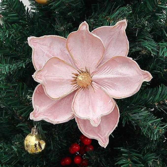 6Pcs Christmas Party Magnolia Flowers for Tree Artificial Poinsettia Flower Fake Magnolia Flower with Stems Floral Picks for Xmas Tree Wreath Wedding Party DIY Crafts (Light Pink)