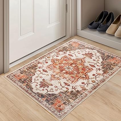 Puremy 2x3 Entryway Rug Washable Door Mat Vintage Boho Entrance Area Rug, Non Slip Low Pile Floral Print Carpet for Kitchen Bedroom Living Room Home Decor, Brick Red