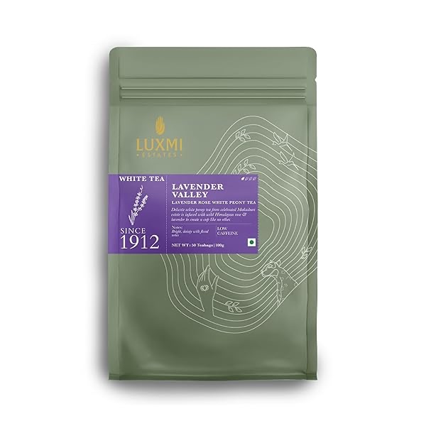 LUXMI ESTATES LAVENDER VALLEY ORGANIC LAVENDER TEA (50 TEA BAGS) LOW CAFFEINE TEA BAGS FOR SLEEP, RELAXING, CALMING, AND STRESS RELIEF, WITH CERTIFIED ORGANIC DARJEELING MAKAIBARI WHITE TEA