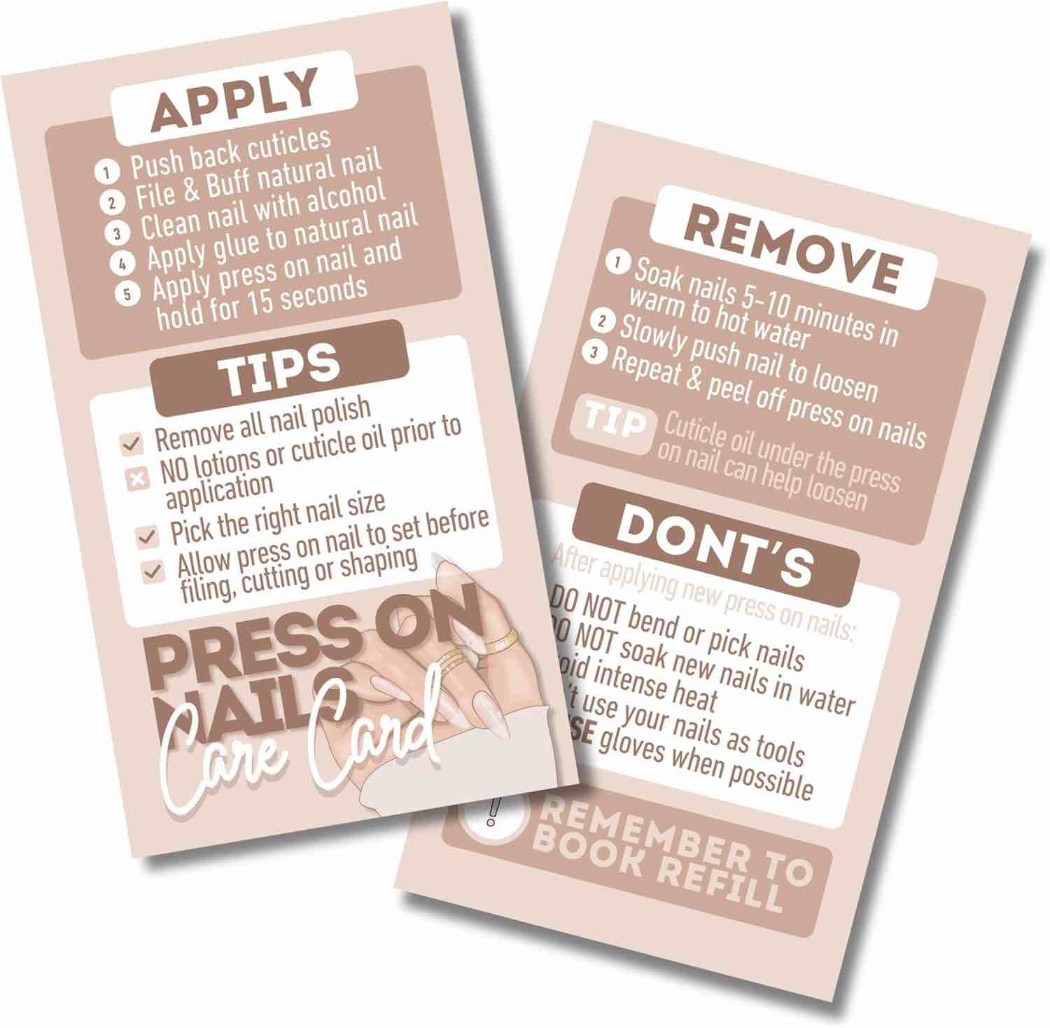 Modern Professional Press on Nail aftercare Cards | Pack of 55 | Business Card Size | How to Apply and Remove | DIY Press On Nail Care Card - Tips for Pressing on Nails, Nail Art (Tan)