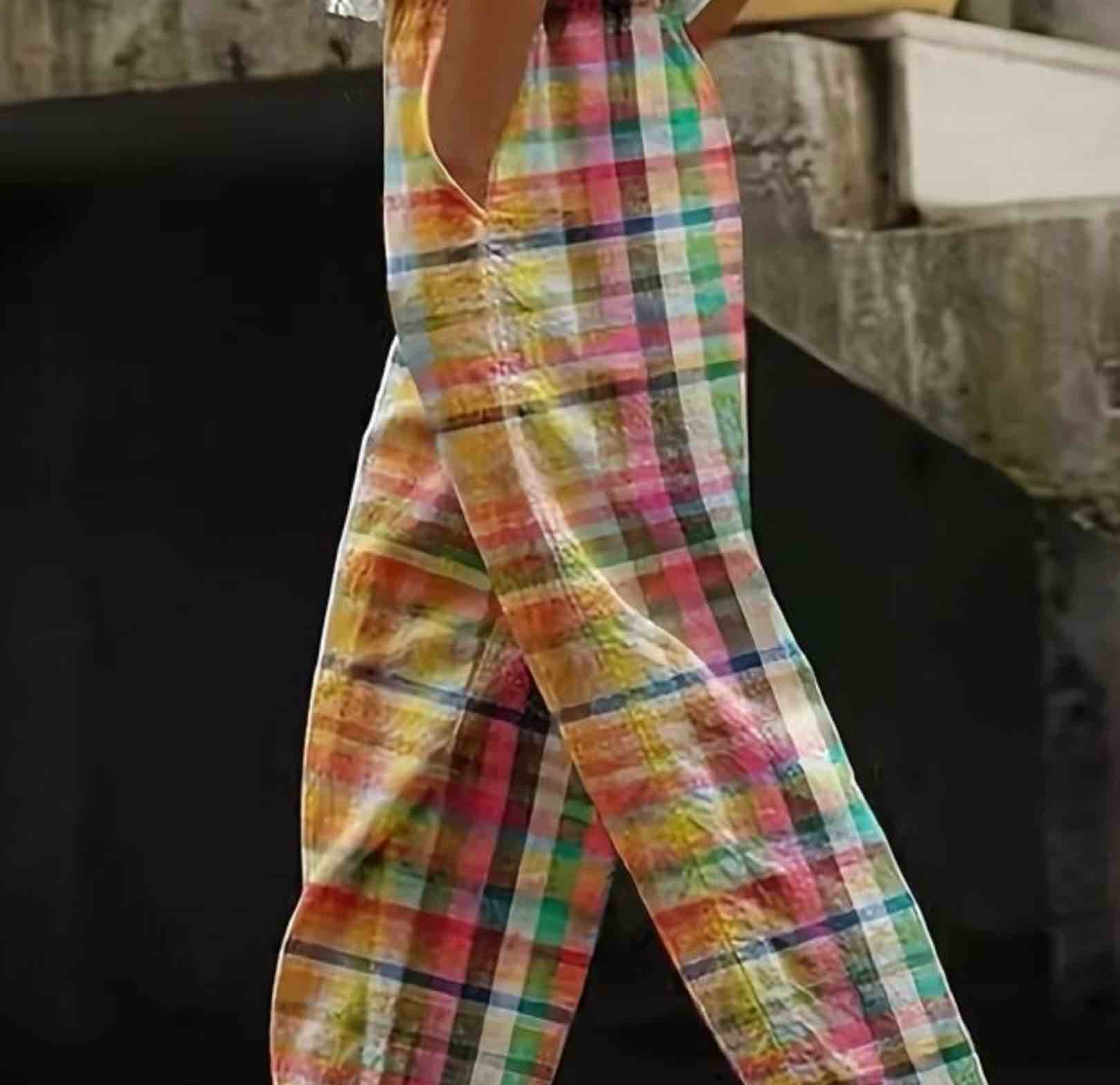 QXE Palazzo Pants for Women Casual Multicolor Gingham Wide Leg Capri Pants 2025 Summer Boho Lounge T