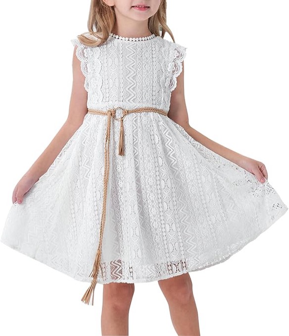 (4-5Y) ALLOVIN Toddler and Girls Vintage Boho A-Line Lace Dress with Belt Pom Pom Trim Birthday Party Dress
